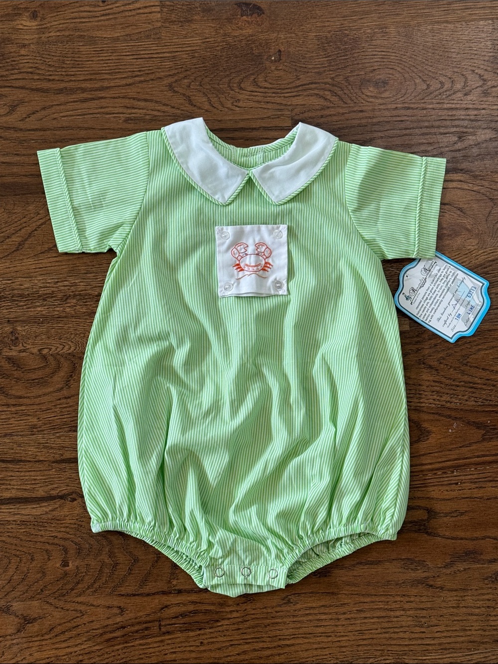 Green Seersucker Bubble Romper With Orange Crab Embroidery